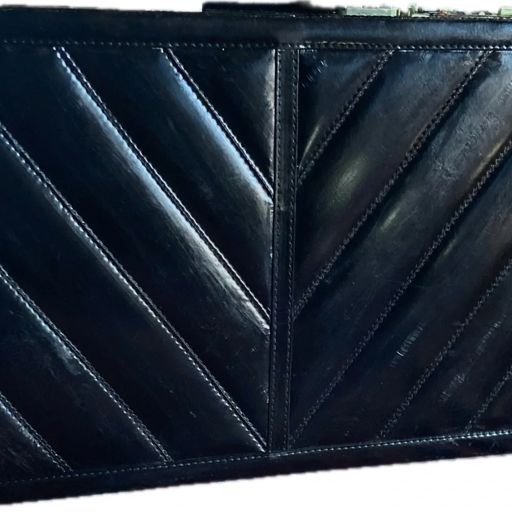 Vintage Black Eel Skin Leather Briefcase attaché w/Gold Accents 16